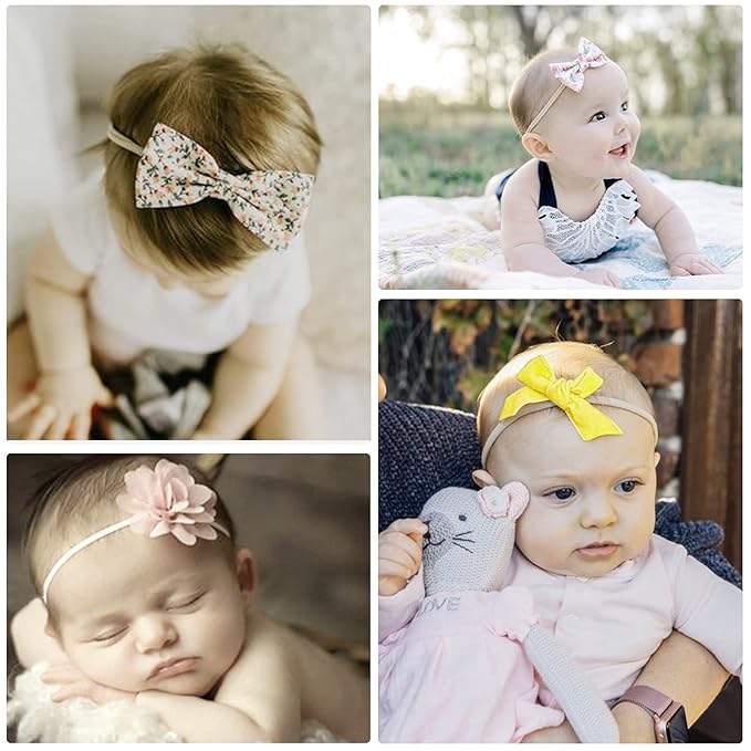 AQOKKA Baby Girl Headbands with Bows Soft Nylon Newborn Toddler Hairbands Handmade Baby Hair Accessories for Infant Girls Kids