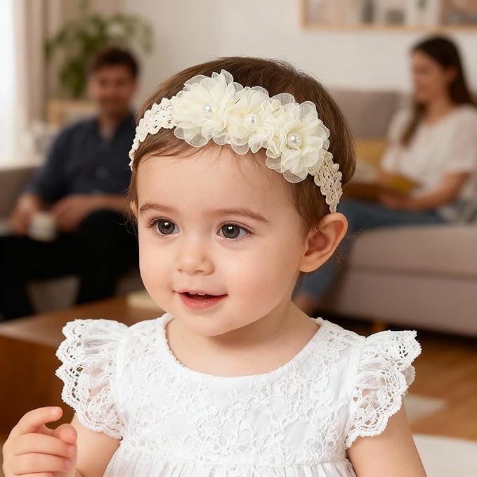 Handmade Baby Girl Headbands in Beige and Pink Lace Flowers for Newborns and Toddlers Cute Baby Girl Flowers and Newborn Headbands (Beige Lace Pearl Floral, One Size)