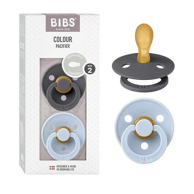 BIBS Pacifiers 6-18 Months | 2-Pack Soothers | Symmetrical Nipple | BPA-Free Natural Rubber | Made in Denmark | Iron/Baby Blue Colour Pacifier