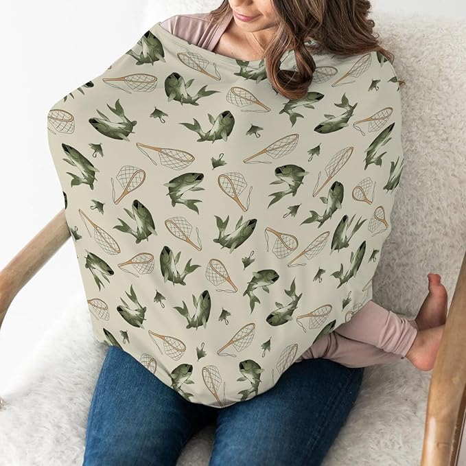 Gone Fishing Baby Car Seat Covers Vintage Bass Fishes Net Lake Stretchy 5-in-1 Cover Adjustable Infant Carseat Canopy Cover Fishing Lovers Gift Nursery Breathable Nursing Cover-Up