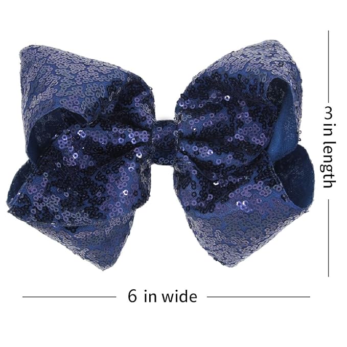 6 Inch Navy Blue Sparkly Glitter Sequin Hair Bows for Girls Toddlers Kids Children Teenage (2PCS)
