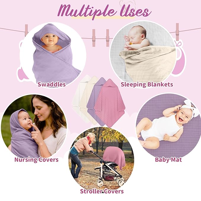 Preboun 4 Pcs Muslin Hooded Baby Towels,32"x 32" Cotton Newborn Bath Towel Muslin Infant Baby Blankets Absorbent Unisex Newborn Registry Gift for Girls Boys(Purple Series)