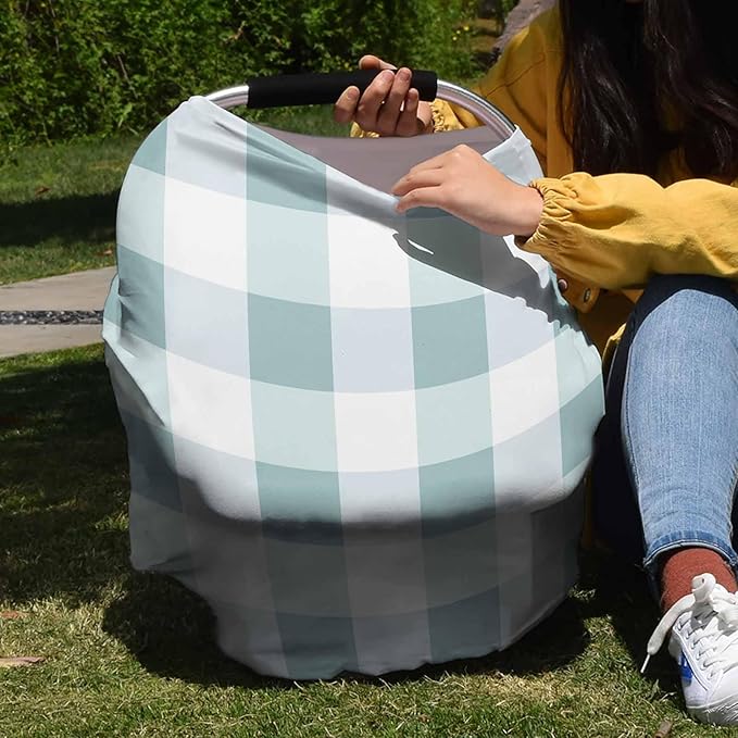 Aqua Blue White Plaid Car Seat Covers for Babies, Modern Geometric Checkered Lattice Nursing Breastfeeding Covers Stretchy Breathable Baby Carseat Canopy Cover for Girls and Boys Shower Gifts