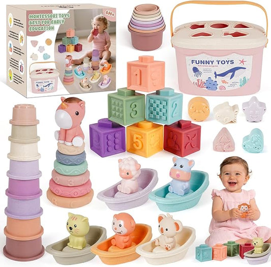 Montessori Baby Toys for Infants 6-18 Months Toddler 6–12 Months Shape Sorter Sorting Stacking Toy Sensory Learning Set with Stacking Rings for Babies Birthday Gift