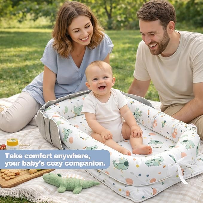 Baby Lounger for Newborn Portable Bag,Baby Lounger Play Mat Awake-Time,Newborn Babies Essentials Gifts 0-24 Months Home Travel(Crocodile Jungle)