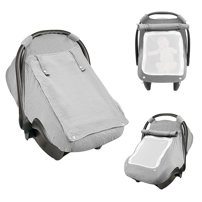 Baby Car Seat Cover, Infant Car Seat Cover for Boys Girls, Extra Large Mesh Window, Breathable Muslin Cotton, Lightweight Infant Windproof Carrier Canopy for Sun, Bug and Comfort Protection