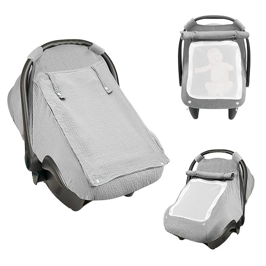 Baby Car Seat Cover, Infant Car Seat Cover for Boys Girls, Extra Large Mesh Window, Breathable Muslin Cotton, Lightweight Infant Windproof Carrier Canopy for Sun, Bug and Comfort Protection
