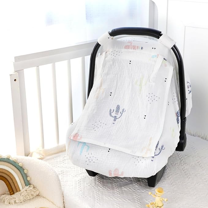 Muslin Baby Car Seat Cover for Boys Girls, Infant Carseat Canopy with Breathable Mesh Peep Window, Summer Lightweight Sunshade Carrier Cover for Newborn, Cacti