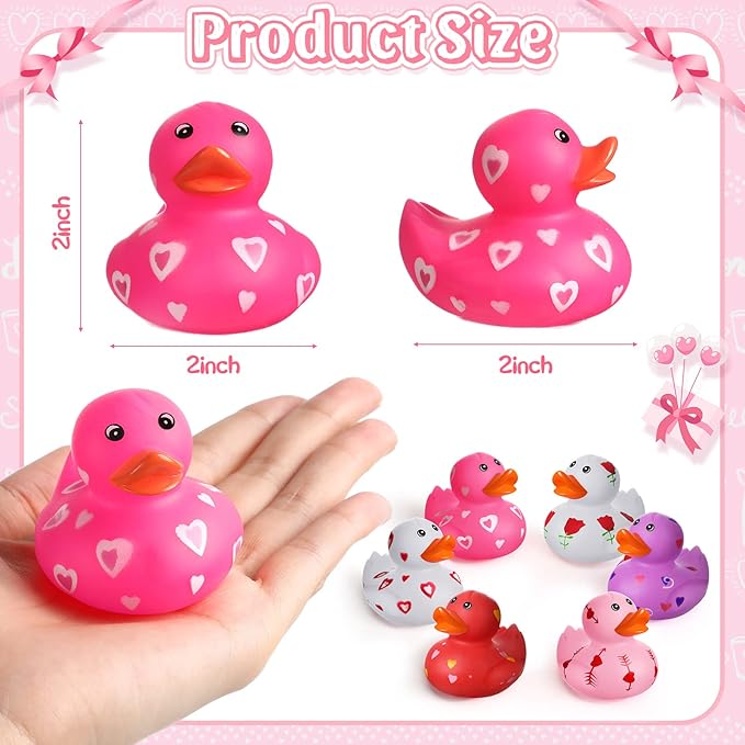 Jerify 48 Pcs 2 Inch Valentine's Day Rubber Duckies Bulk Mini Heart Rubber Ducks for Kids Bathtub Toys Classroom Prizes Birthday Wedding Party Favors Gifts Goodie Bag Fillers, 6 Styles (Cute)