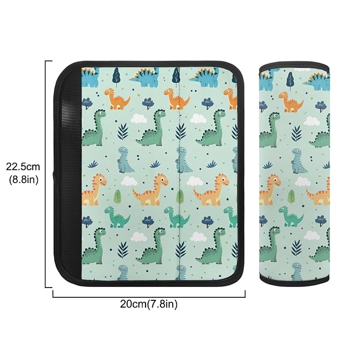 Biyejit Green Dinosaurs Car Seat Neck Cover, Car Seat Strap Cover, 2 Pack Seat Belt Cushions Pads, Shoulder Strap Protectors, Reversible Pram Harness Covers, Baby Neck Pad Protector