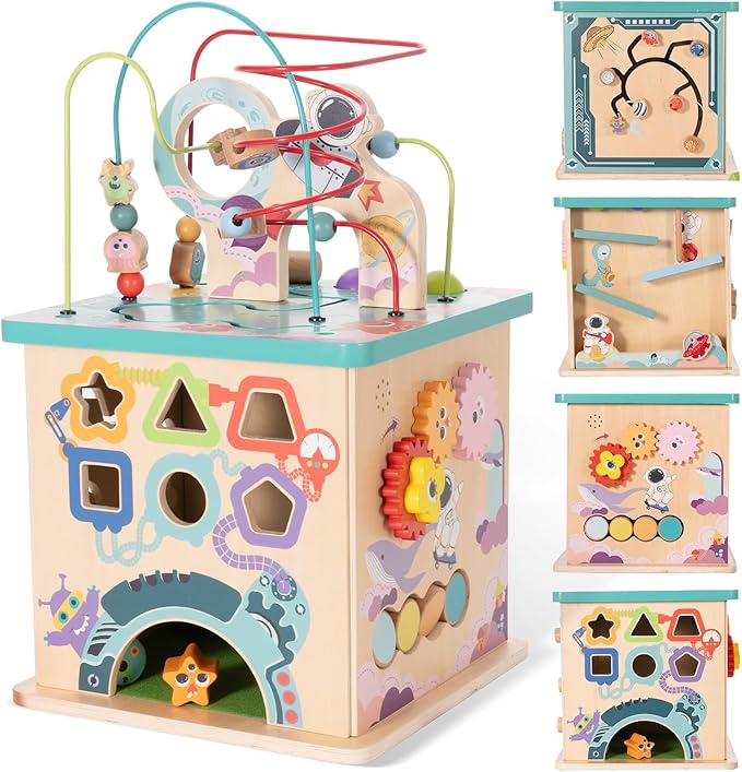 Pre-Assembled 9 in 1 Wooden Activity Cube. Educational Learning Toy for Kids with Bead Maze, Shape Sorter and Music Gears and More. for Toddlers 18 Month+. Birthday Gifts for Boys and Girls