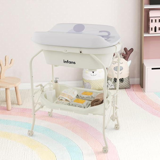 INFANS 2 in 1 Baby Changing Table with Bath Tub Unit, Folding Diaper Dresser Station with Wheels Waterproof Pad Storage Rack, Portable Nursery Organizer Stand for Newborn Infant (White)