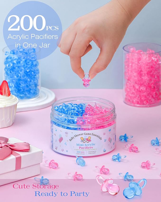 200 Pcs Mini Pacifiers Baby Shower Games, 0.86'' Acrylic Pacifiers in Clear Jar, Chupones para Baby Shower Pacifier for Party Favors, Table Scatter, Gender Reveal Decoration DIY Craft(Blue&Pink)