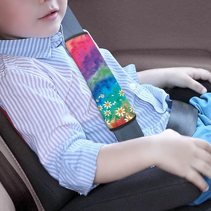 AFPANQZ Pretty Daisy Floral Car Seat Belt Covers Pads Set of 2 Piece Strap Shoulder Cushion Car Accessories Safety Seatbelt Cushion Pillow Universal Fit Bag Straps Pads for Kids Boys Girls Colorful