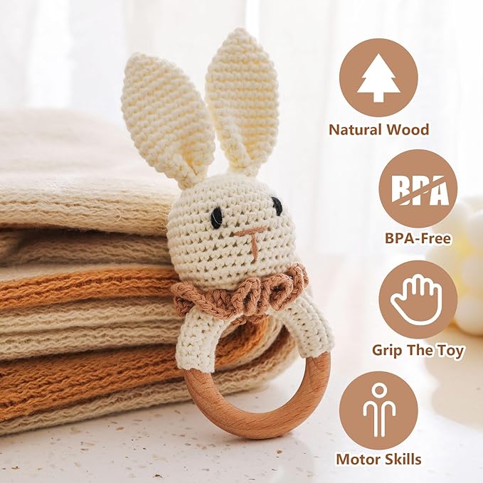 Wooden Baby Rattle，Crochet Bunny Rattle with Wood Ring, Newborn Wooden Animal Rattle Toy，Infant Bunny Wood Rattle Toys