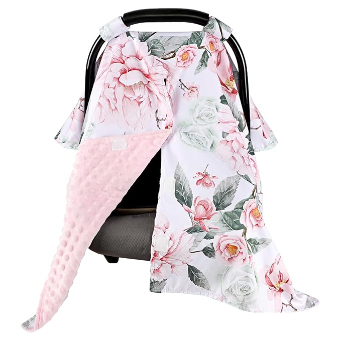 Baby Car Seat Cover, Breathable Infant Carseat Cover for Summer Peekaboo Opening Car Seat Canopy Cover, Nursing Cover for Baby Boys Girls (Flower)