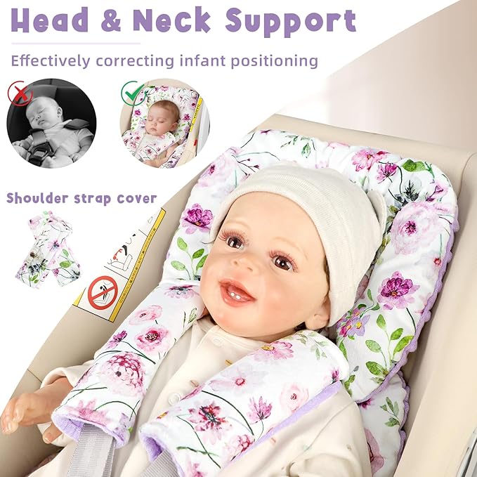 Infant Car Seat Insert Head and Body Support, GFU Reversible Newborn Insert for Carseat With Strap Pads, Soft Stroller Cushion Pillow Insert for Boys and Girls, Fits for Stroller, Swing, Purple Flower