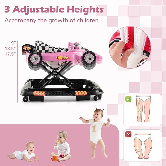 BABY JOY 4-in-1 Baby Walker, Foldable Activity Walker with Adjustable Height, Music & Lights, Anti-Rollover, Toddler Push Walker, Baby Walker with Wheels for Boys Girls 6-14 Months (Pink)