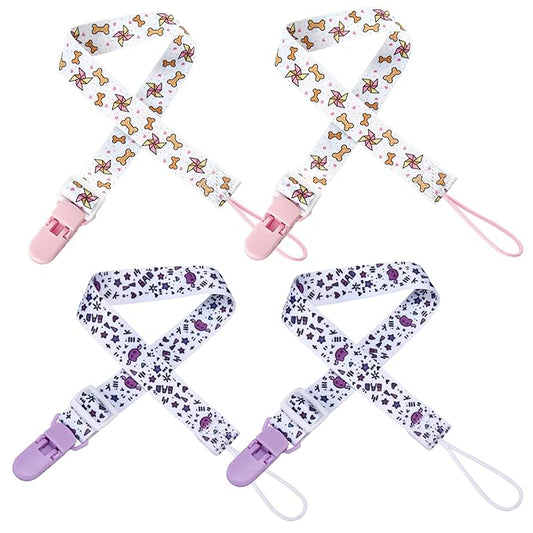 Cute Adult Pacifier Clips: Pacifier Holder Clip with Convenient Hook Loop - Bad Rock Rabbit & Windmill Puppy - 17 Inch Long 4 Pack Set