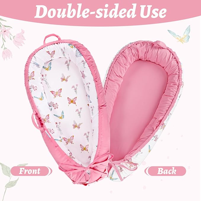 Baby Lounger Cover, Cotton Newborn Nest Cover, Baby Lounger Replacement Covers, Soft & Breathable, Reversible & Adjustable, Pink Butterfly(Cover Only)
