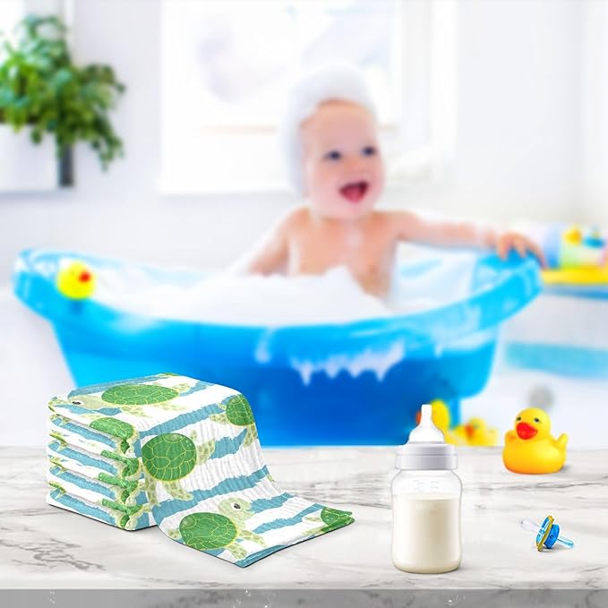vvfelixl Cute Characters Green Turtles Baby Burp Cloths Baby Muslin Washcloths for Boys Girls Cotton Baby Face Towel for Newborn Infants Soft and Absorbent 11.8 X 11.8 in, 5 Pack