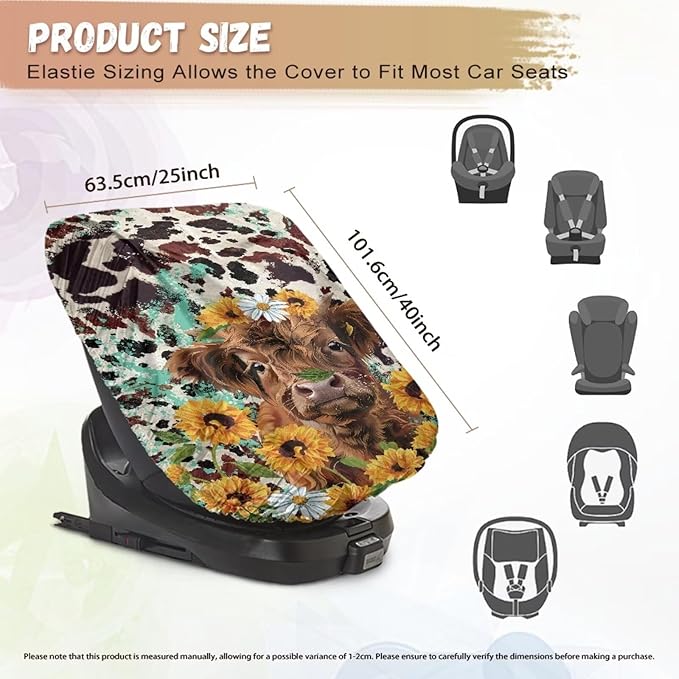 Baby Car Seat Cover Cute Highland Cow Car Seat Sun Shade Cover, Infant Car Seats Heat Protector, Travel Car Seat for Toddlers 1-3, Baby Travel Accessories, Sunflower Daisy Brown