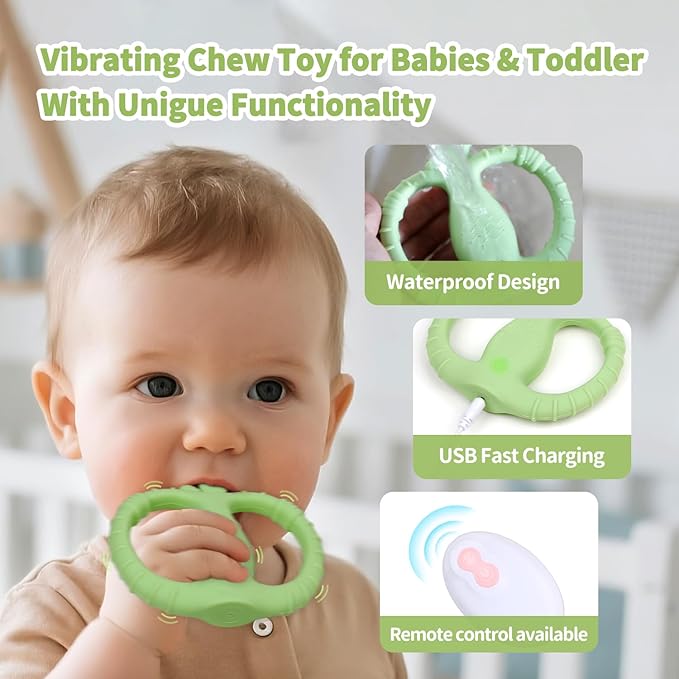 Vibrating Teether for Baby with Remote Control - Chewy Sensory Toy for Teething & Autism, 10-Speed Vibration Modes, USB Rechargeable, Food Grade Silicone Teether for Sensory Seekers (Green)