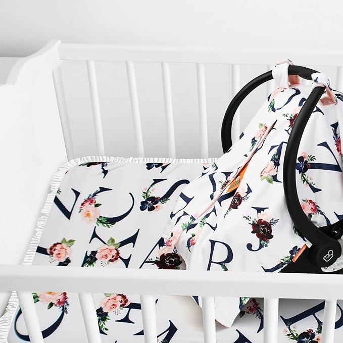 Dear Baby Gear Baby Car Seat Canopy Snap Button Opening - Carseat Canopy for Daily Use - Cover for Newborn Car Seats - Stylish Nursing Cover - Floral Alphabet/Blush Smooth, 40" x 30"