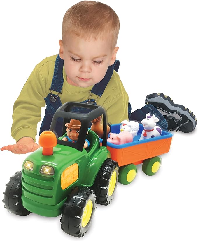 Kiddieland Light & Sound Farm Tractor Playset, Motorized Tractor with Trailer, 5 Animal Figures with Real Sounds, Farmer, Ages 1+ Toddler Interactive Toy