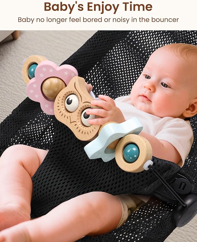 TinlyFinly Baby Bouncer Toy Bar Wooden Compatible with Baby Bjorn Bouncers, Bouncer Toy Attachment, Tight and Secure Fit, So Fun to Watch, Touch and Spin for Babies All Ages (Wood Color Owl)