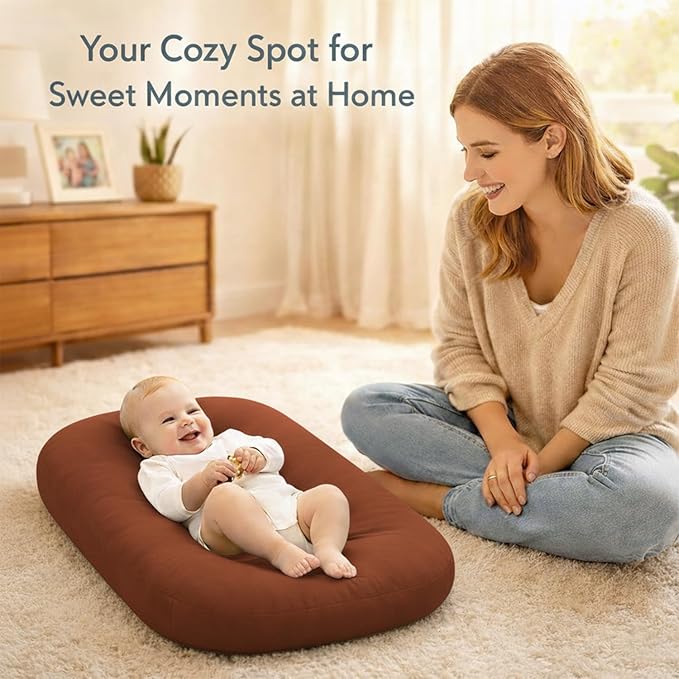 Baby Lounger for Newborn,Baby Nest for Newborn Soft Cotton Breathable for Playtime & Relaxation,Flat Babies Essentials Gifts Newborn Lounger for Boys & Girls 0-12 Months(Coffee)