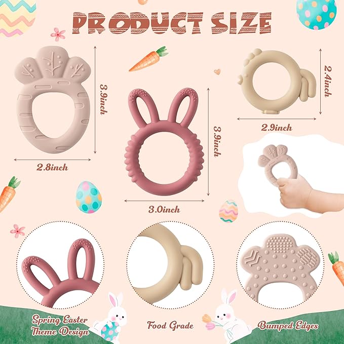 Easter Silicone Teethers for Babies - 2ooya 2Pcs Bunny Chick Carrot Infant Teething Chew Toys, Toddler Sore Gums Pain Relief Toy for Newborn Boy and Girl Spring Easter Baby Shower Birthday Gifts