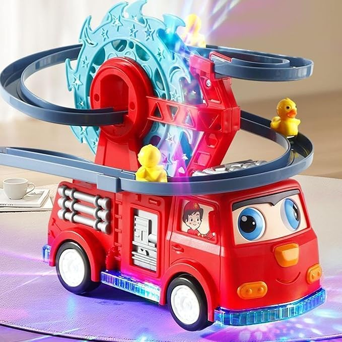 Fire Truck Climbing Slide Music Toy, Electric Fire Truck Climbing Stairs Toy with Slide for Ages 3-8, Fire Trucks Roller Coaster Toys with Lights & Music for Preschool Children's Birthday Gifts (Red)