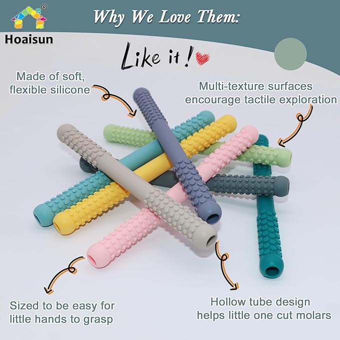 Hoaisun Teething Toys 3-6 Months 8 Pack, Silicone Teethers for Babies Nursing, Teething Tubes Sticks for Babies 6-12 12-18 Months, Autism Sensory Toys for Kids Chewing, Biting
