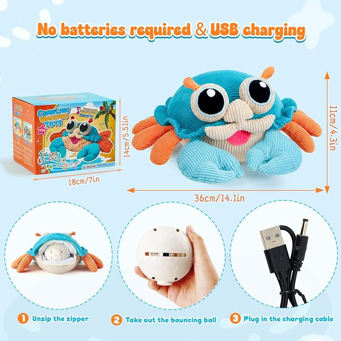 Golray Baby Crawling Toys 12-18 Months, Musical Dancing Walking Moving Crab with Pure Cotton & 50 Songs, Tummy Time Baby Sensory Toys, Toddlers Girls Boys Birthday Gifts for Infants 1-3 Years Old