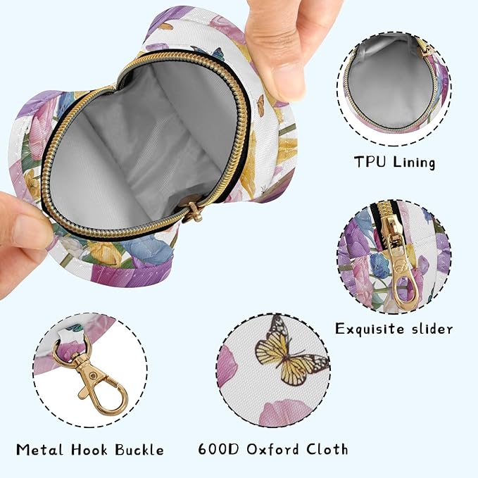 Pacifier Holder with Clip Pacifier Case for Diaper Bag Round Baby Pacifier Pouch Box Bag Portable Light Pink Tulips Butterfly