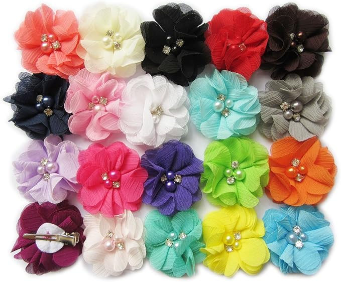 Baby Girls Chiffon Flower Hair Clips with Rhinestones and Pearl,YYCRAFT 40 pcs Party Wedding 2" Hair Accessory for Kids Toddler Infant Girls(20 colors)