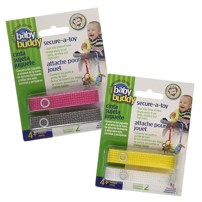 Baby Buddy Secure-A-Toy, Safety Strap Secures Toys, Teether, Pacifiers to Strollers, Highchairs, Car Seats, Adjustable, Keep Toys Sanitary, Registry Must Have, Girls Colors (Colors May Vary), 4 Count