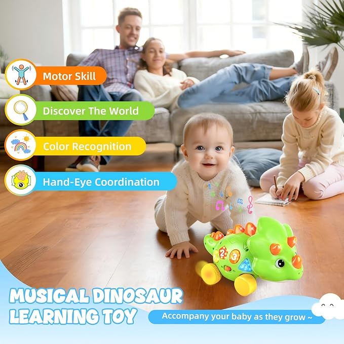 Musical Dinosaur Toy for Baby, Dinosaur Crawling Toys for 3-9 Months, Babies 6-12 Months for Early Development Learning Toys with Light & Sound, Birthday Gift for 1 2 Year Old Toddlers