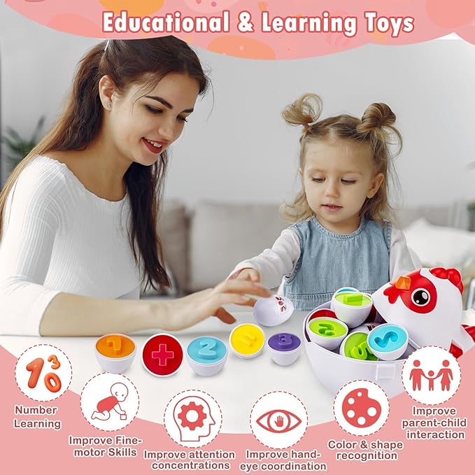 VROGTIK Easter Egg Matching Game, 24-Piece Easter Basket Stuffers for Kids, Color Shape Number Recognition Educational Toddler Toys, Chicken Storage Box Preschool Learning Toy for Boys Girls