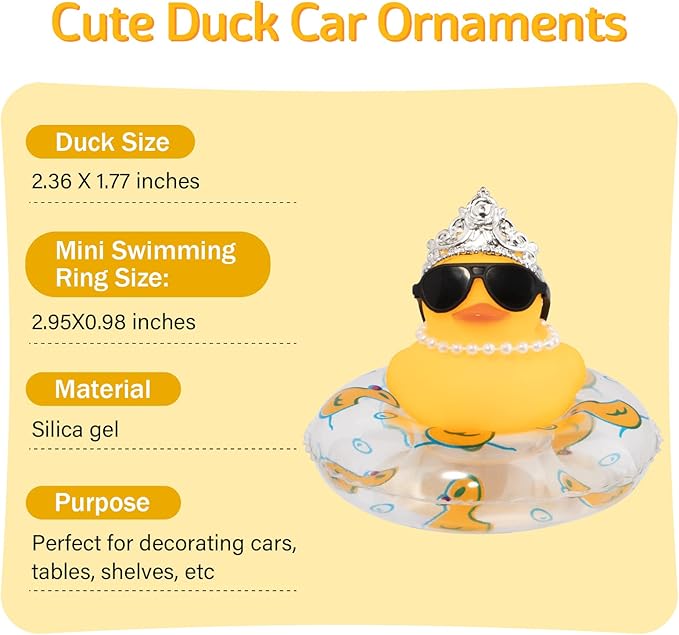 wonuu Car Duck Rubber Duck Car Ornaments Duck Car Dashboard Decorations with Cute Headband Swim Ring Necklace Sunglasses, C-Female Crown&Chain