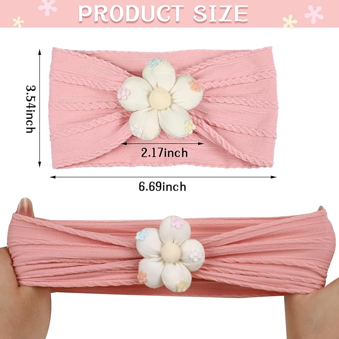MIUXUESO 3 Piece Baby Girls Flower Headband, Florals Nylon Headband Soft Comfortable Elasticity Hairbands Baby Shower Newborn Essentials for Infant Toddlers (Beige Pink Khaki)