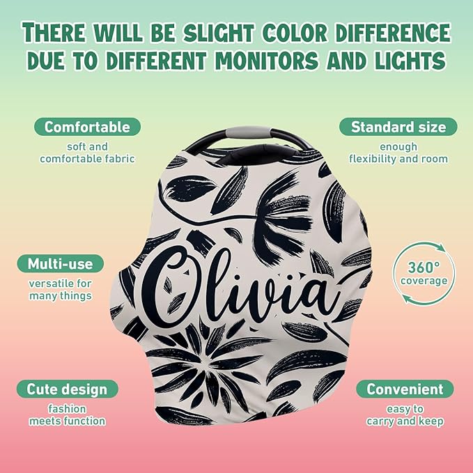 Custom Car Seat Covers for Babies - Breathable Baby Car Seat Cover for Girls Boys, Kick-Proof Newborn Carrier Canopy Stretchy Stroller Cover for 4 Seasons Black Printing