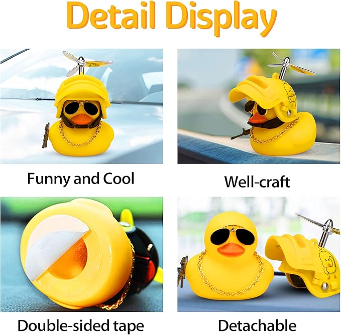 wonuu Rubber Yellow Duck Car Ornaments Cool Duck Car Dashboard Decorations with Propeller Helmet Sunglasses (Duck-Yellow G)