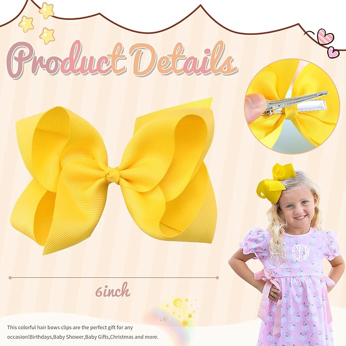 Oaoleer 2PCS 6inch Yellow Layered Grosgrain Ribbon Bow Alligator Clips, Baby Hair Accessories for Girls, Infants, Toddlers, Teens, and Children