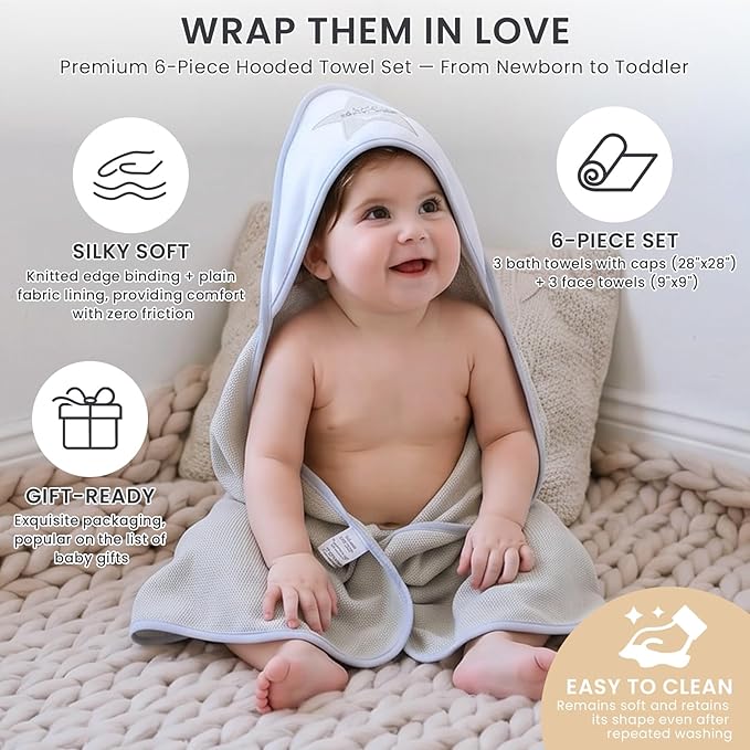 Softan Baby Hooded Towels and Washcloths Set 6 Pack, 28x28 Ultra Soft & Absorbent Baby Bath Towels for Newborn Infant Toddler, Unisex Boys Girls (Grey Star)