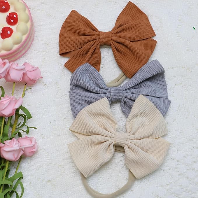 Baby Girls Nylon Headbands Newborn Bows Handmade Hair Bows Soft Hairbands Hair Accessories for Teen Infant Toddler Kids 3PCS