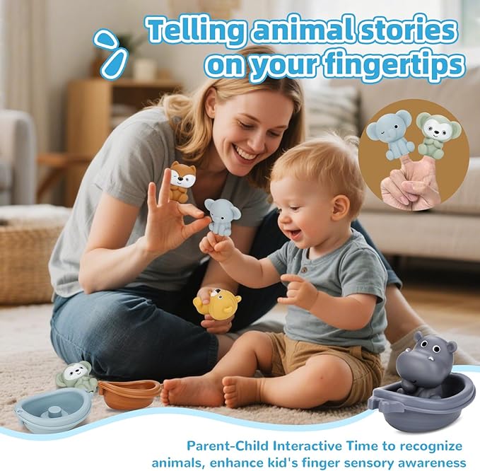 Bath Toys Float Boats for Kids Ages 18M+,Stackable Floaty Boat,Animal Finger Puppets,Toddler Toys Gifts for 2-4 Year Old Baby Gifts Valentines Easter Basket