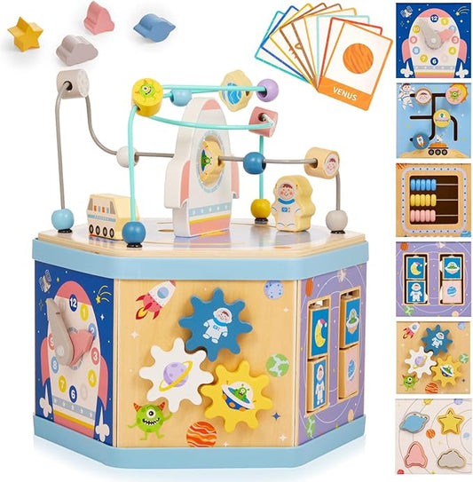 Gleamkid Large Wooden Space Activity Cube Toys, 9-in-1 Early Educational Montessori Learning Toys for 2 3 4 Toddlers with Abacus Bead Maze for 24+ Months Boys Girls First Birthday
