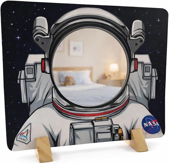 NASA Themed Astronaut Mirror for Toddlers & Kids – Montessori-Inspired Wooden Toy & Space Toy | Kids Room Decor | Shatterproof Mirror for STEM & Early Development | Boys and Girls Gift Ages 1-10
